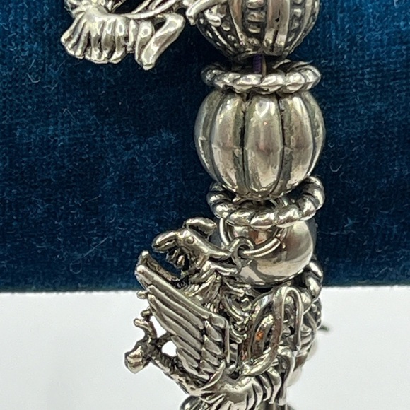 Dragon Charm Bracelet Stretch MJ Enterprises 80s Dark Silver Tone Vintage 8” - Picture 8 of 12